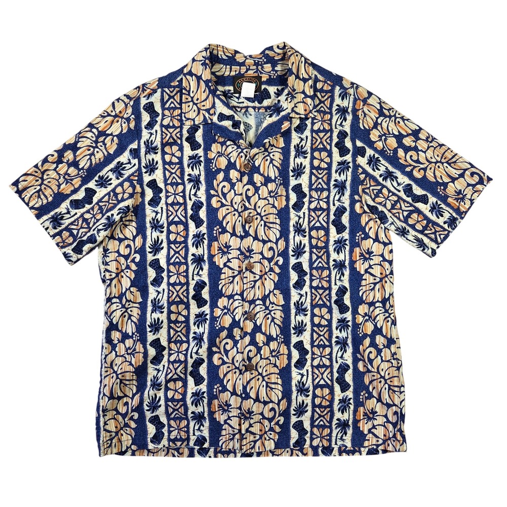 Hawaiian Reserve Collection Mens Blue Floral Tiki Palm Aloha Shirt Large Cotton